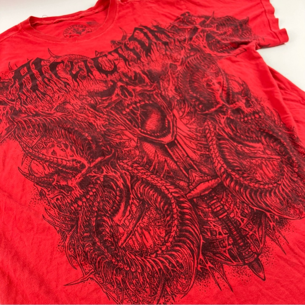 Affliction Oversized Red Graphic Skull Tee with Back Cutouts - Picture 2 of 9